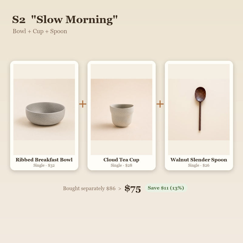"Slow Morning" Handmade Breakfast Set - Stoneware Bowl, Cloud Cup & Walnut Spoon