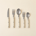 Matte antique-finish riveted 5-piece flatware set in creamy white, without chopsticks