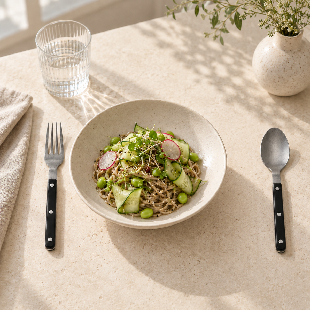 Black matte riveted fork and spoon with a light lunch, without chopsticks