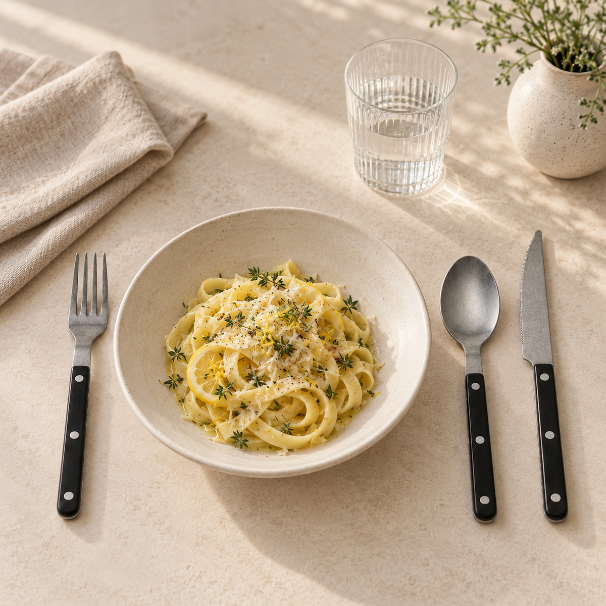 Black matte riveted flatware with lemon pasta
