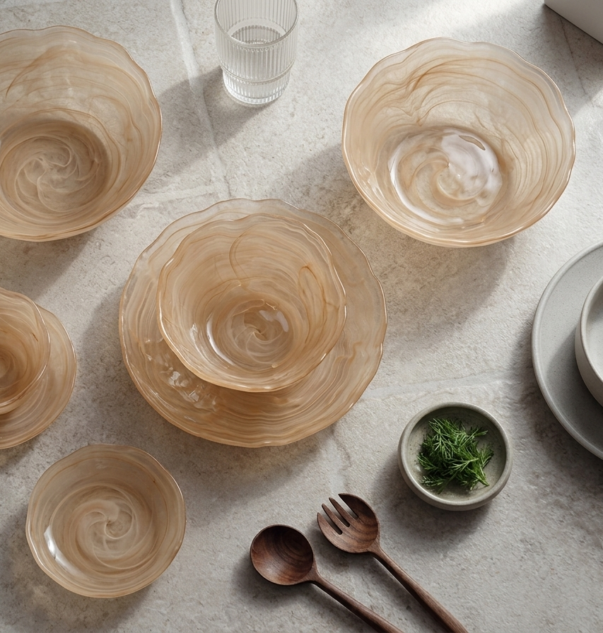 "Wave & Mist" Glass Bowl & Plate Set